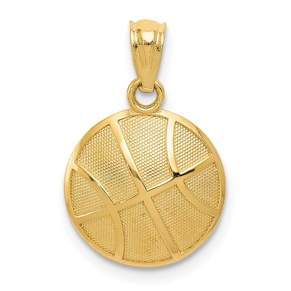 14k Yellow Gold Sports Satin and Polished Basketball Necklace Charm Pendant - Picture 2 of 5